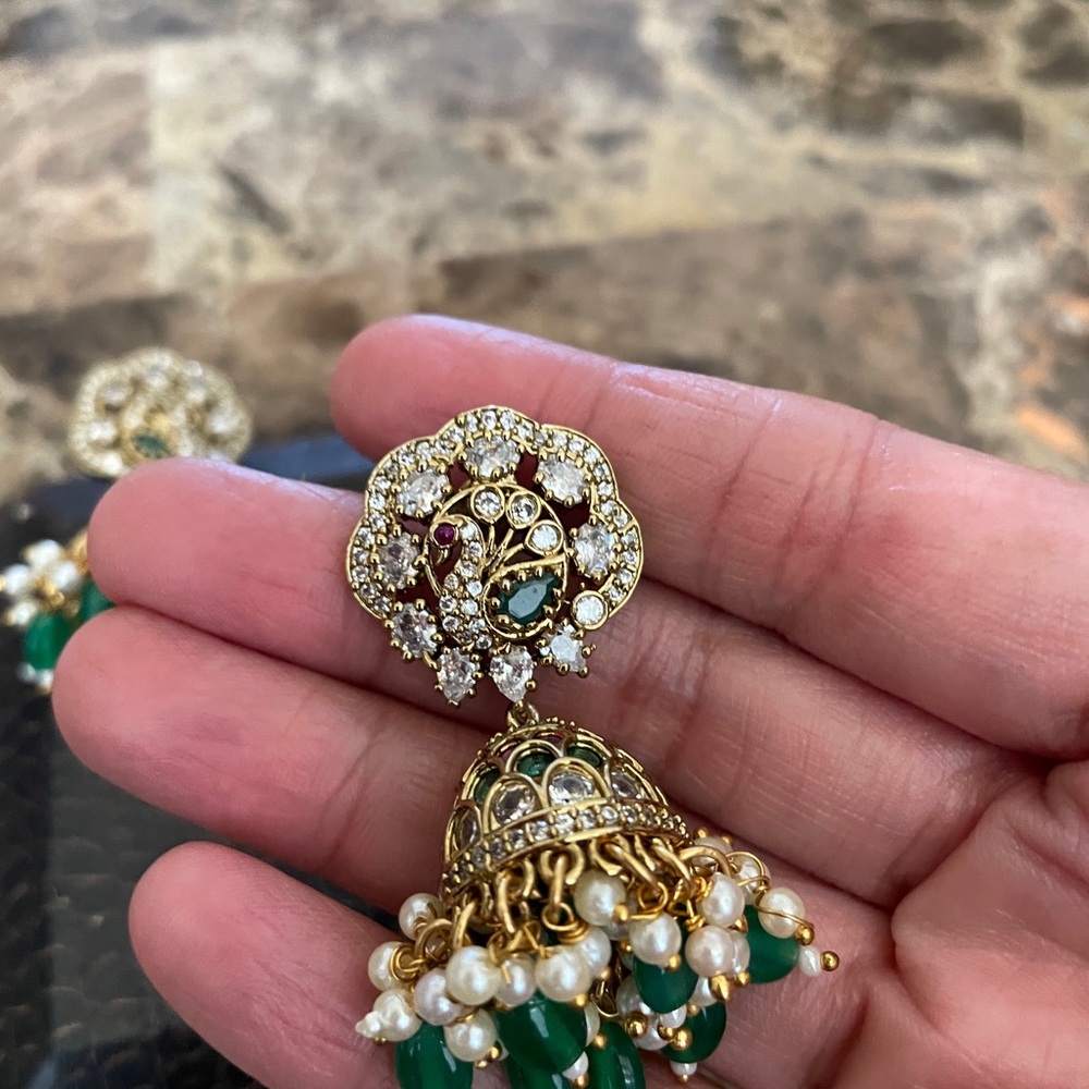 Gold-Tone Green Bead and Pearl Jhumka Earrings - Women Jewelry